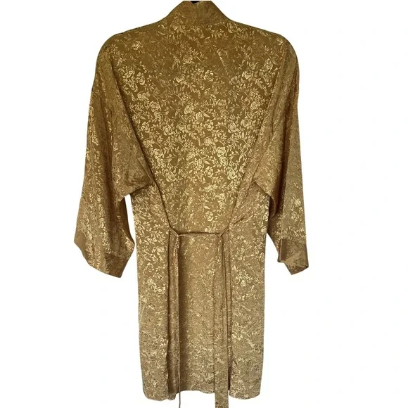 Avon Gold Floral Jacquard Robe Kimono Satin Feel Belted Vintage 80/90s S/M - Picture 4 of 12